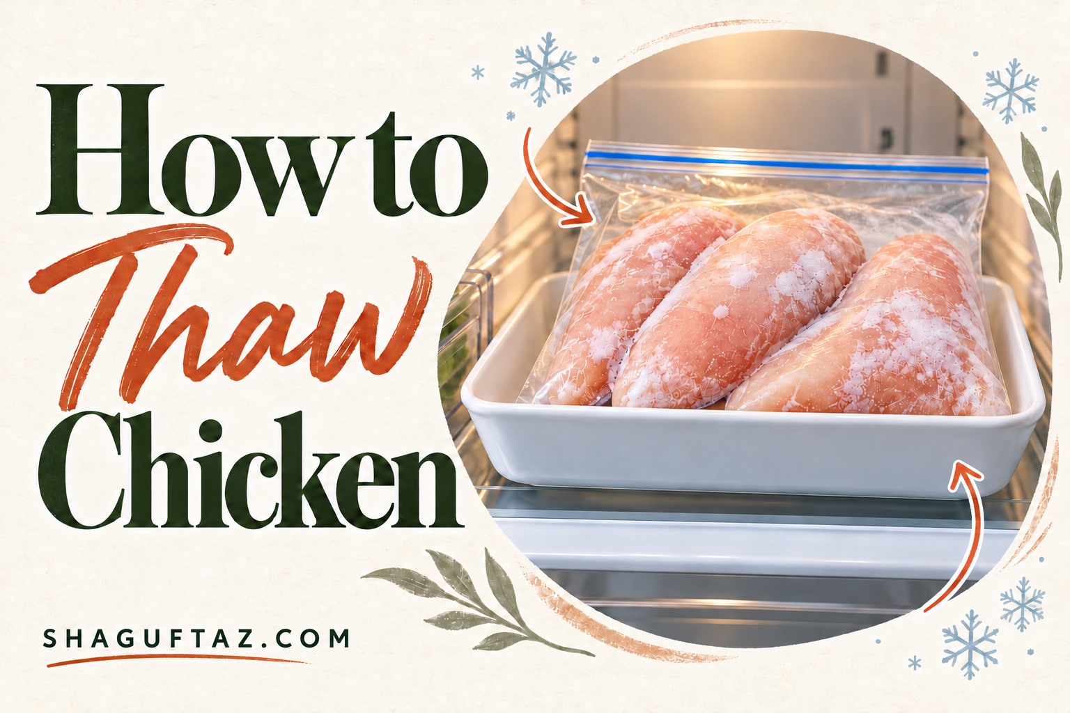 How to Thaw Chicken — Shaguftaz.com title cover showing frozen chicken in a sealed bag on a refrigerator tray
