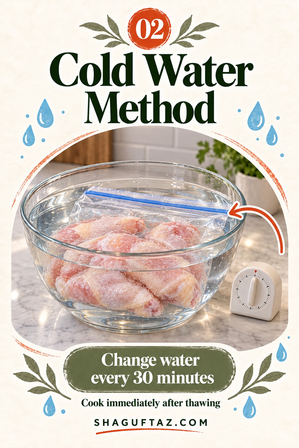 Cold water method: sealed chicken bag submerged in cold water
