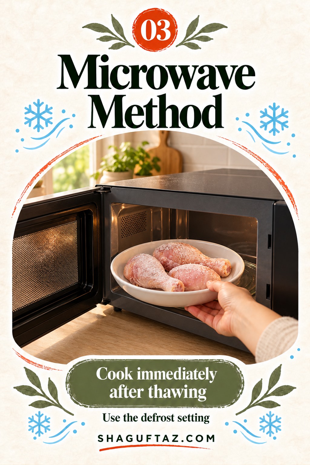 Microwave method: a dish of chicken being placed inside a microwave