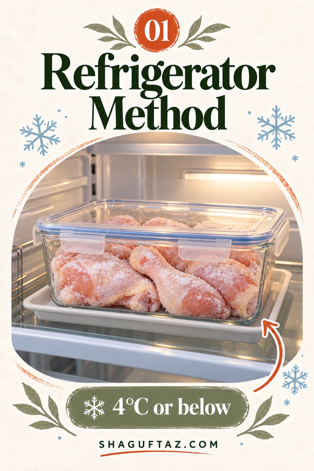 Refrigerator method: chicken in a covered glass container on a tray